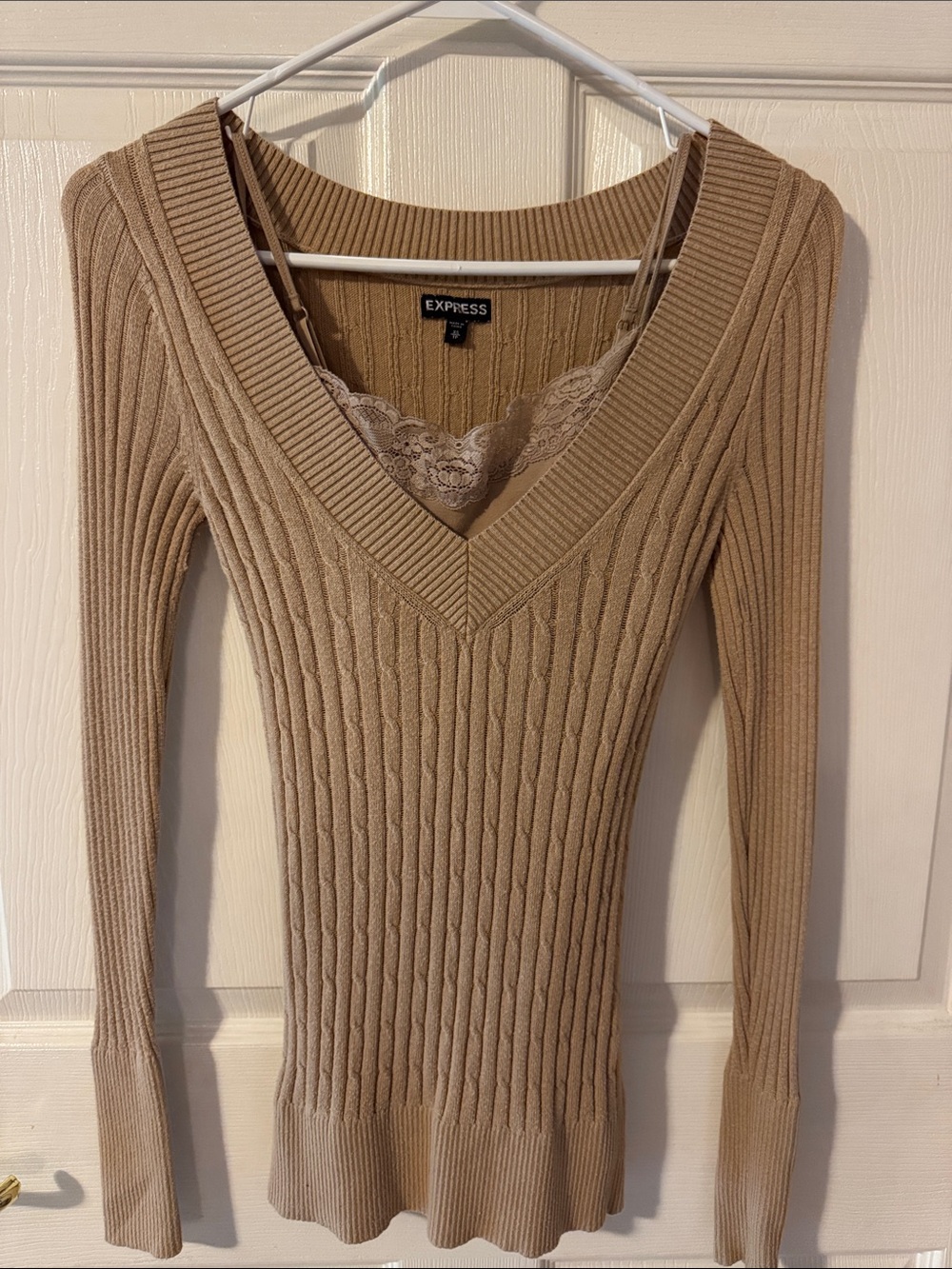 Express Trio: Beige Ribbed V-Neck Sweater, Camisole & Pink Stripe Shirt - Picture 4 of 6